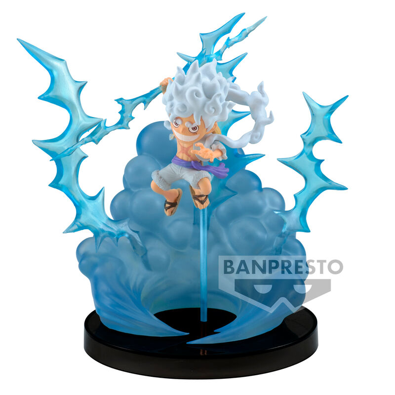 Figura de Monkey D. Luffy Gear 5 de One Piece con efectos azules y base negra