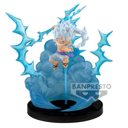 Figura de Monkey D. Luffy Gear 5 de One Piece con efectos azules y base negra