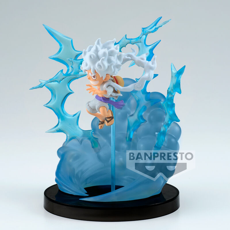 Figura de Monkey D. Luffy Gear 5 de One Piece con efectos azules y base negra - 3