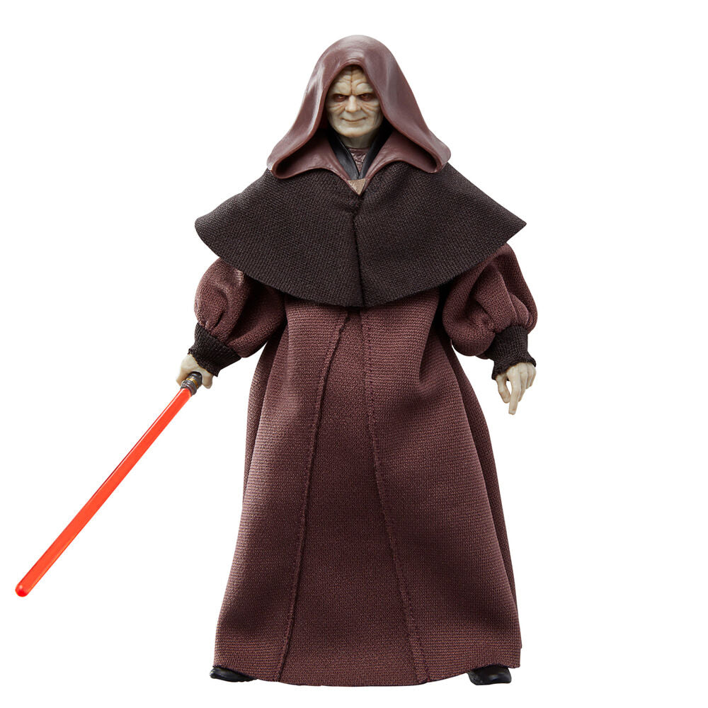 Figura articulada de Darth Sidious con capucha y sable láser rojo
