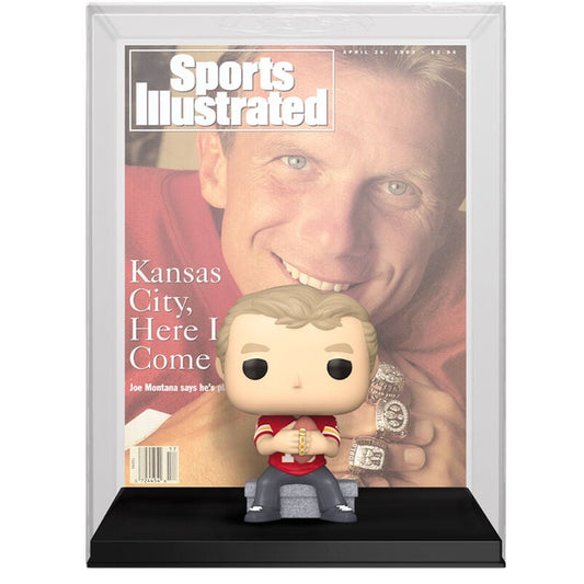 Figura FUNKO POP de Joe Montana frente a portada de Sports Illustrated