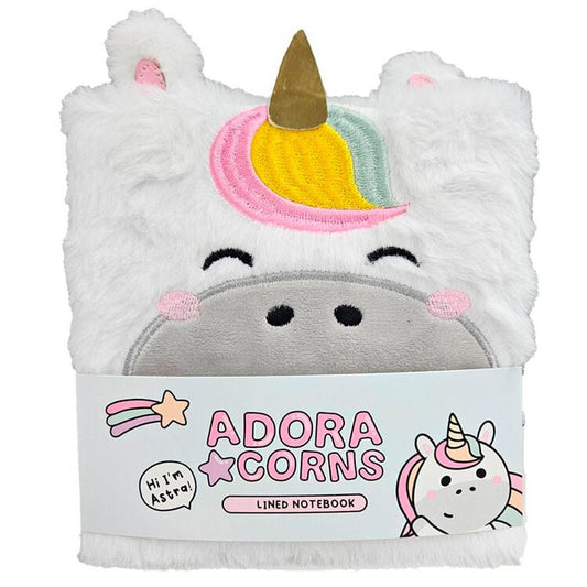 Cuaderno de peluche blanco con diseño de unicornio Adoracorns