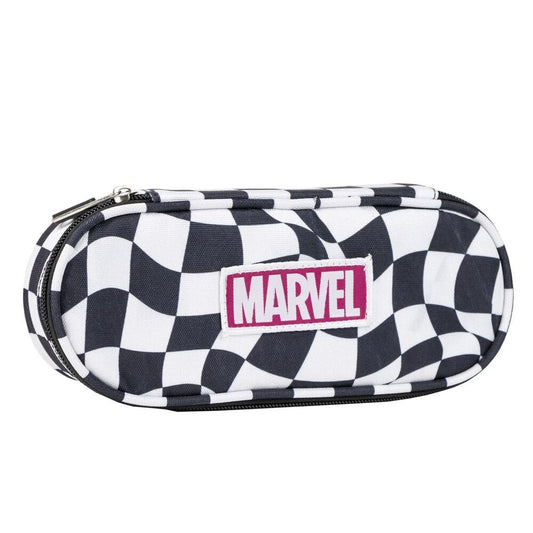 Portatodo Marvel de poliéster blanco y negro con diseño ajedrezado