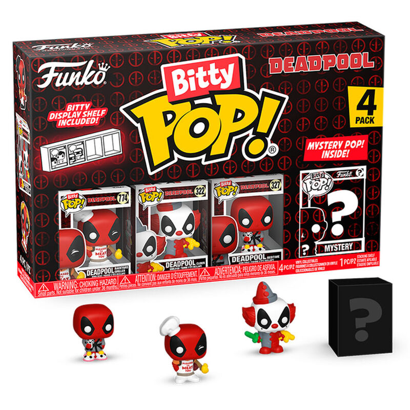 Pack FUNKO Bitty Pop! de Deadpool con cuatro figuras y estantería de exposición