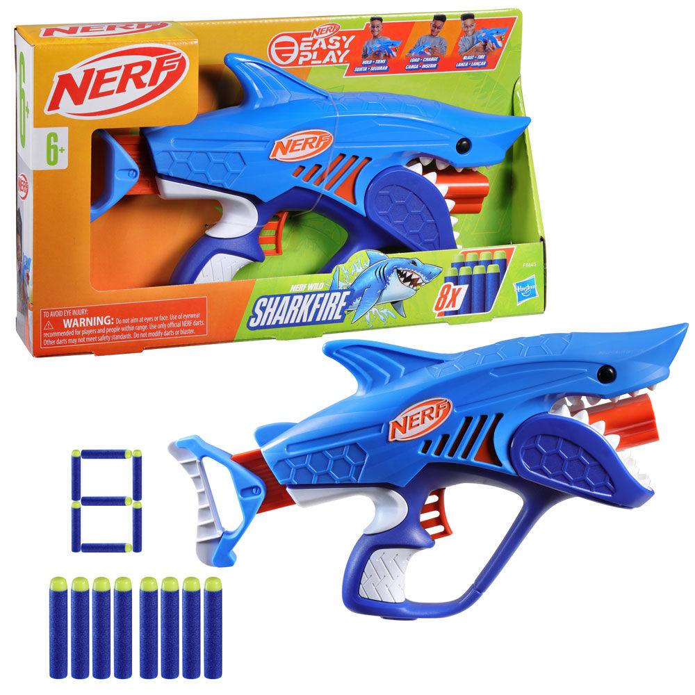Lanzador Nerf Junior Sharkfire azul con 8 dardos de espuma