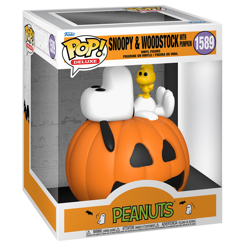 Figura Funko POP Deluxe de Snoopy y Woodstock sobre una calabaza