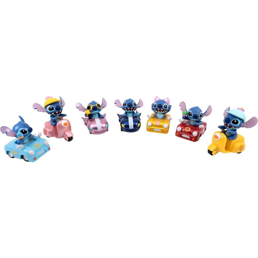Figuras surtidas de Stitch Disney montado en vehículos coloridos
