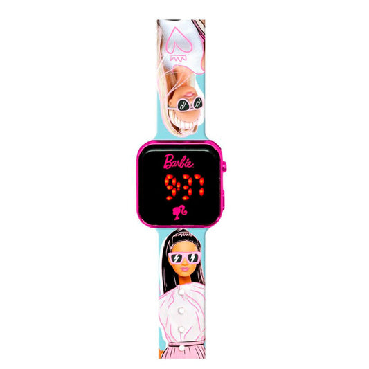 Reloj LED Barbie rosa con correa estampada turquesa