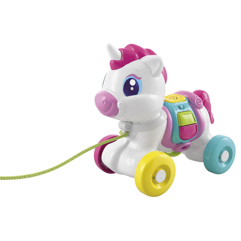 Unicornio de arrastre interactivo Clementoni con ruedas y cuerda