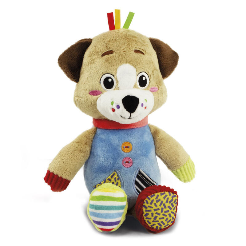 Peluche Pete el cachorro de Clementoni con mono azul y detalles de distintas texturas