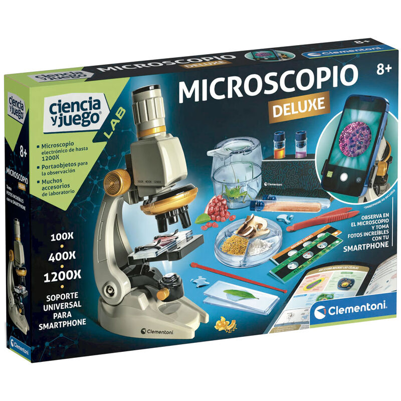 Microscopio Deluxe Clementoni con accesorios de laboratorio y soporte para smartphone