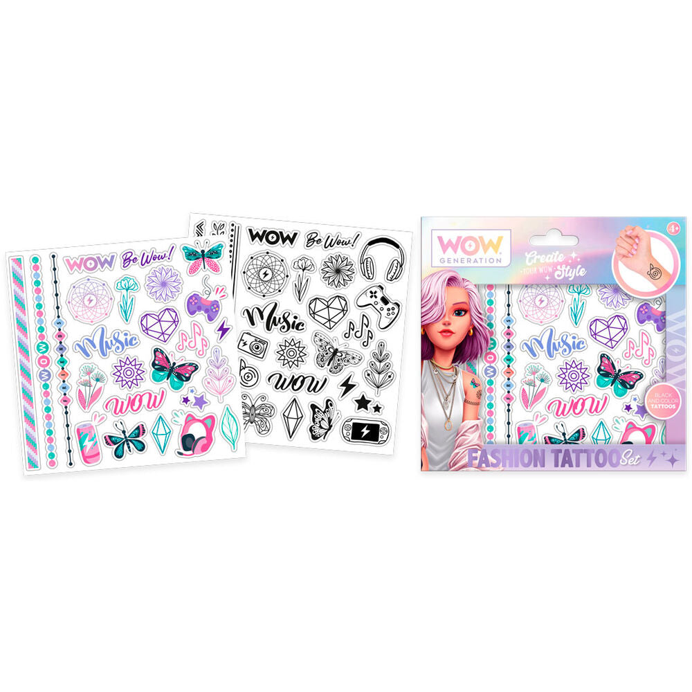 Set de 24 tatuajes WOW Generation con diseños de moda, música y fantasía - 2
