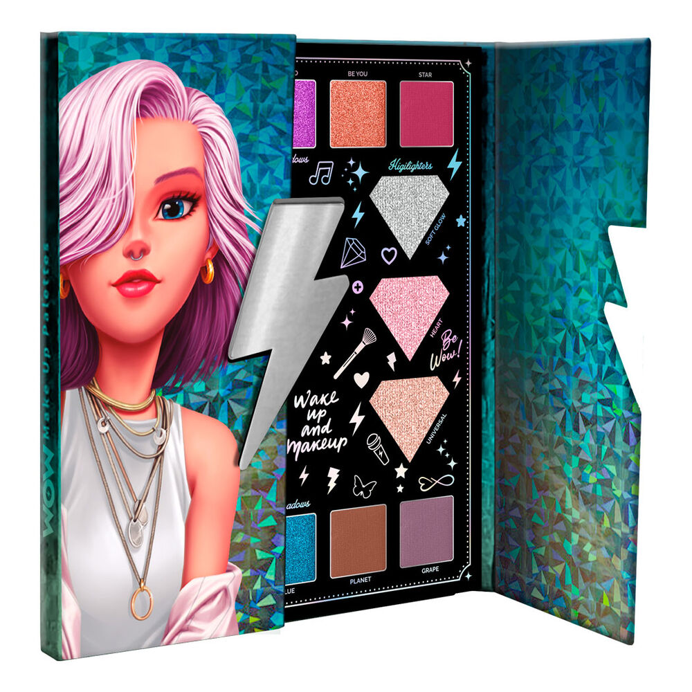 Paleta de maquillaje WOW GENERATION desplegada con sombras e iluminadores