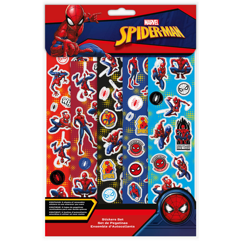 Set de cinco hojas de pegatinas removibles de Spider-Man Marvel