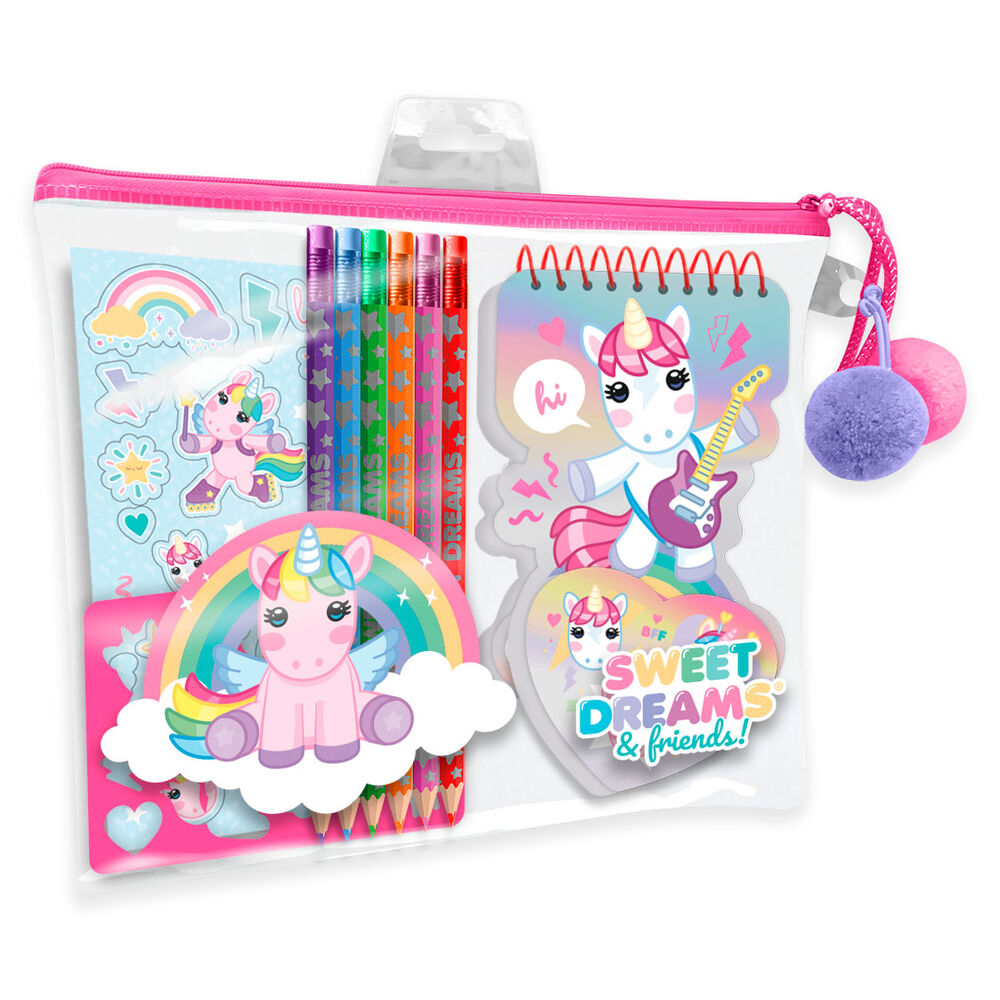 Set de papelería Sweet Dreams con estuche transparente y diseño de unicornios