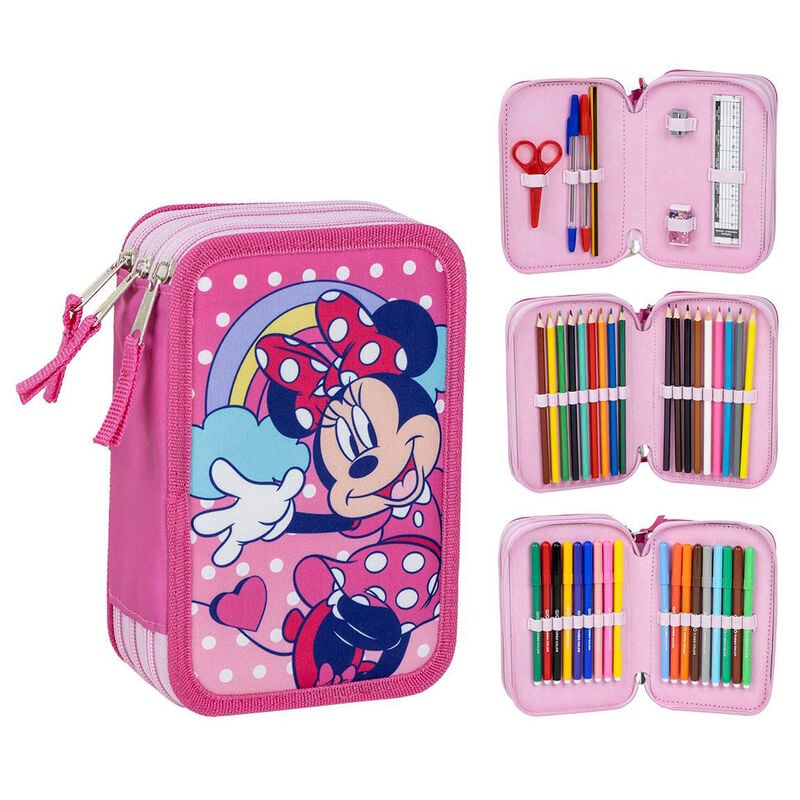Plumier triple rosa de Minnie Disney con tres compartimentos