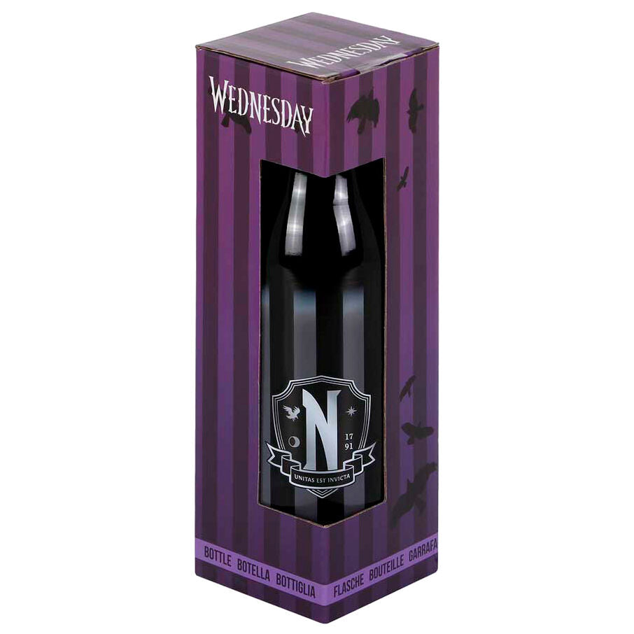 Botella negra de Miércoles Netflix con escudo decorativo y asa - 4