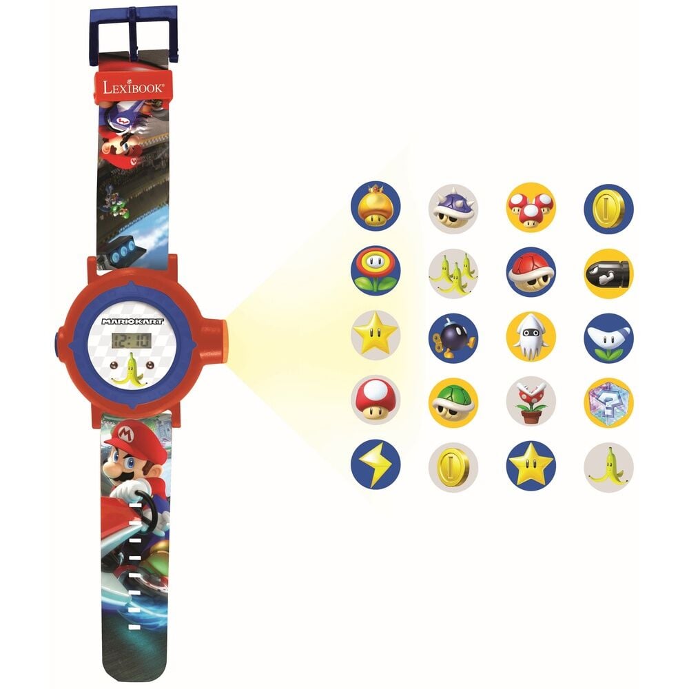 Reloj proyector digital LEXIBOOK de Mario Kart en rojo y azul