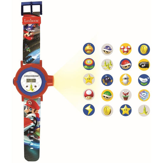 Reloj proyector digital LEXIBOOK de Mario Kart en rojo y azul