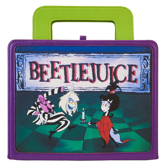 Cuaderno Beetlejuice Loungefly morado con asa verde e ilustración de personajes