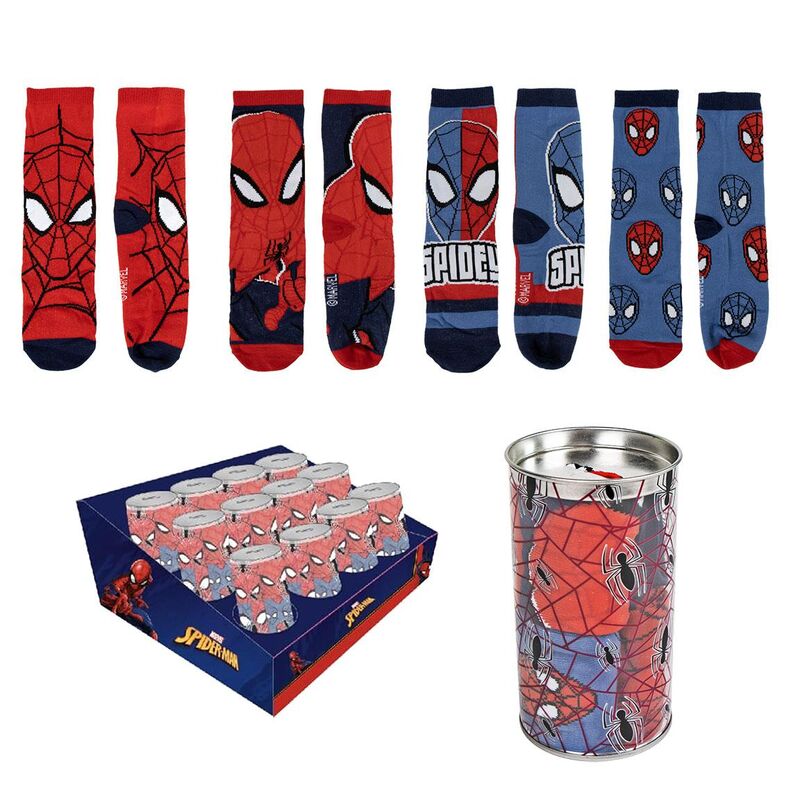 Hucha Spider-Man con cuatro pares de calcetines rojos y azules