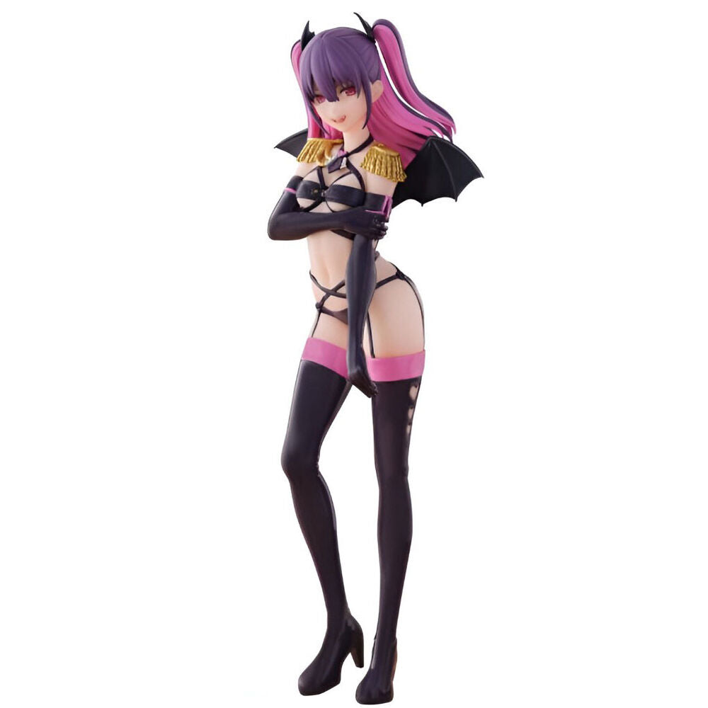 Figura de Miriella Banpresto con cabello morado, alas negras y atuendo negro y rosa