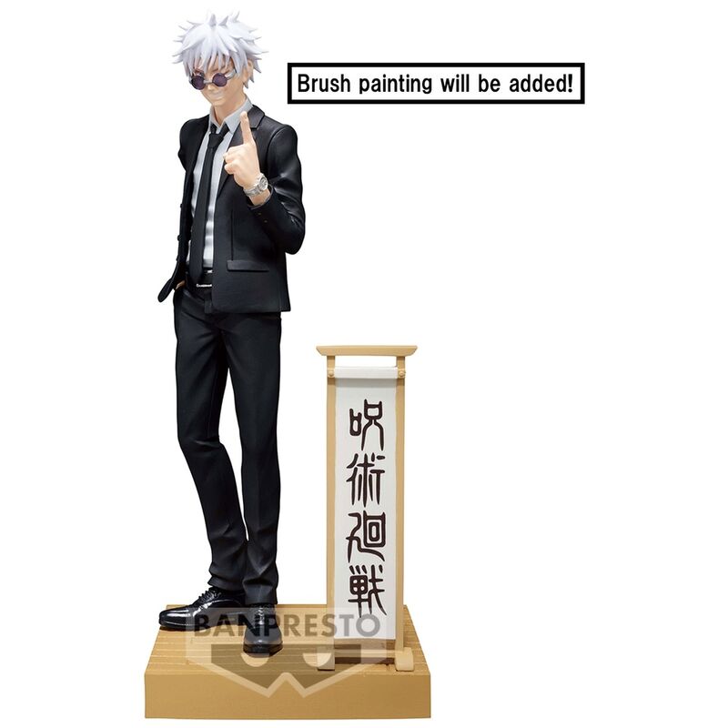 Figura diorama de Satoru Gojo de Jujutsu Kaisen con traje negro y base decorativa