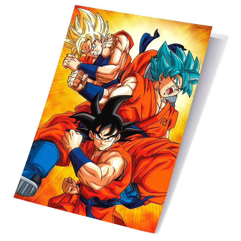Póster 3D de Goku en tres transformaciones de Dragon Ball Super