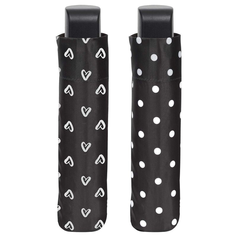 Paraguas plegable Perletti negro con estampado surtido de corazones y lunares