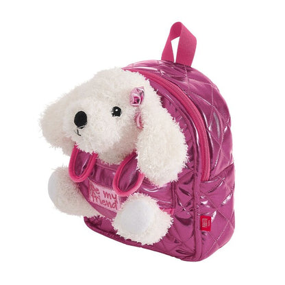 Mochila rosa PERLETTI con peluche blanco de perro Didi