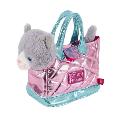 Bolso de mano rosa Perletti con peluche de gato gris Coco