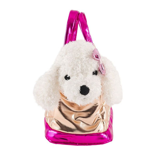 Bolso de mano dorado PERLETTI con peluche de perro blanco y detalles rosas - 2