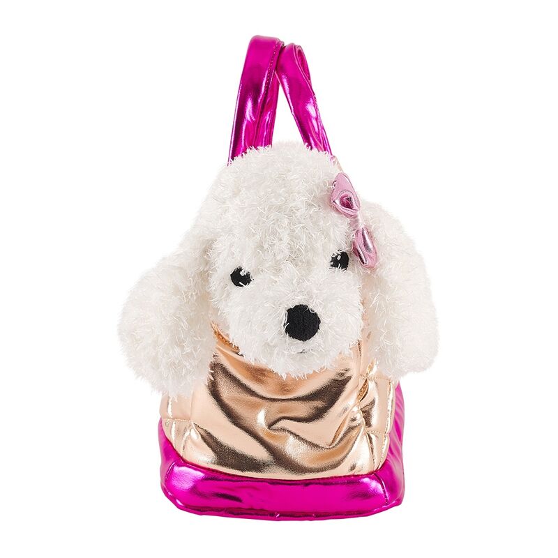 Bolso de mano dorado PERLETTI con peluche de perro blanco y detalles rosas - 2