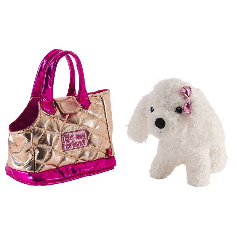 Bolso de mano dorado PERLETTI con peluche de perro blanco y detalles rosas - 3