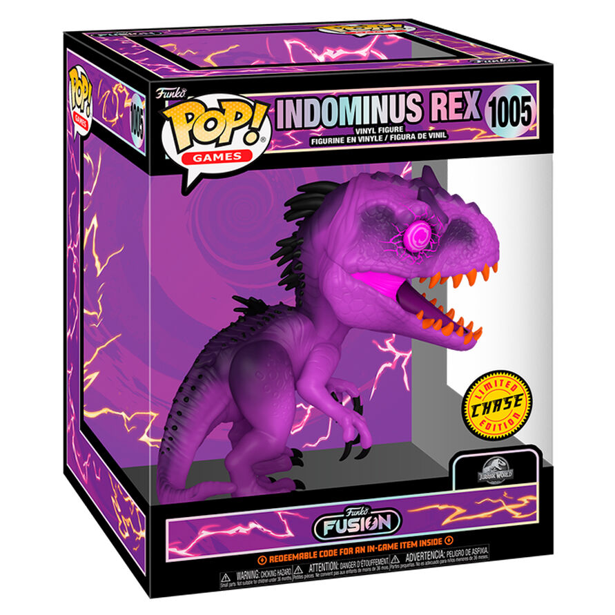 Figura Funko Pop Indominus Rex Chase morada en caja Funko Fusion