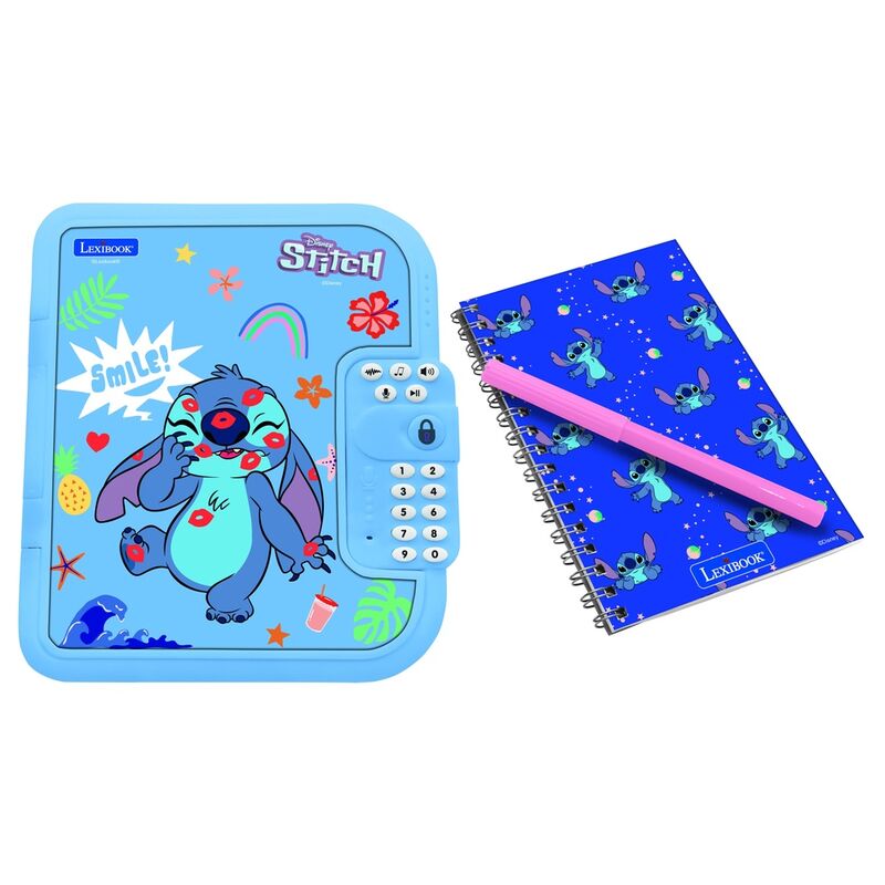 Diario secreto electrónico azul de Stitch Disney con cuaderno y bolígrafo rosa