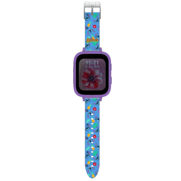 Reloj smartwatch Disney Stitch morado con correa azul estampada