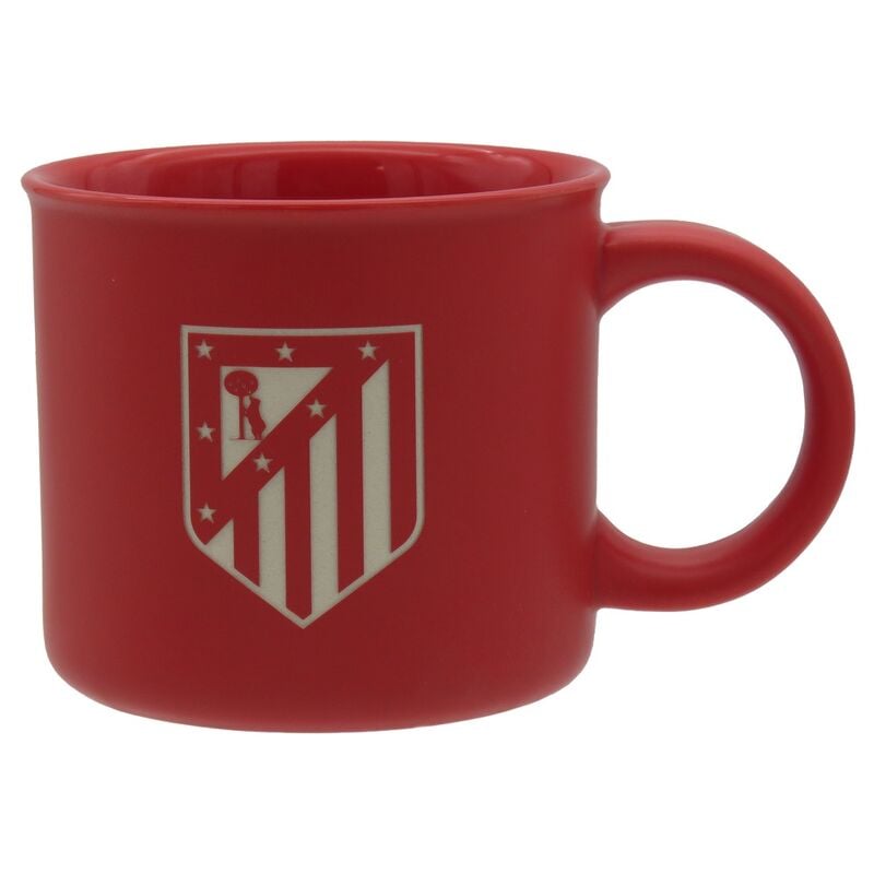 Taza roja de cerámica del Atlético de Madrid con escudo