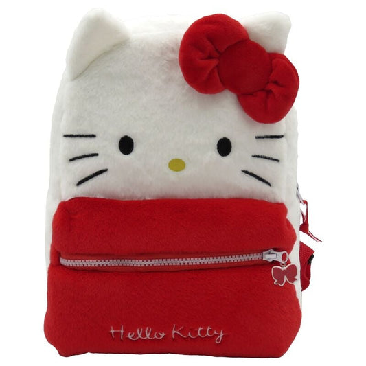 Mochila de peluche Hello Kitty blanca y roja con lazo y bolsillo frontal