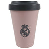 Vaso rosa para llevar del Real Madrid con tapa negra