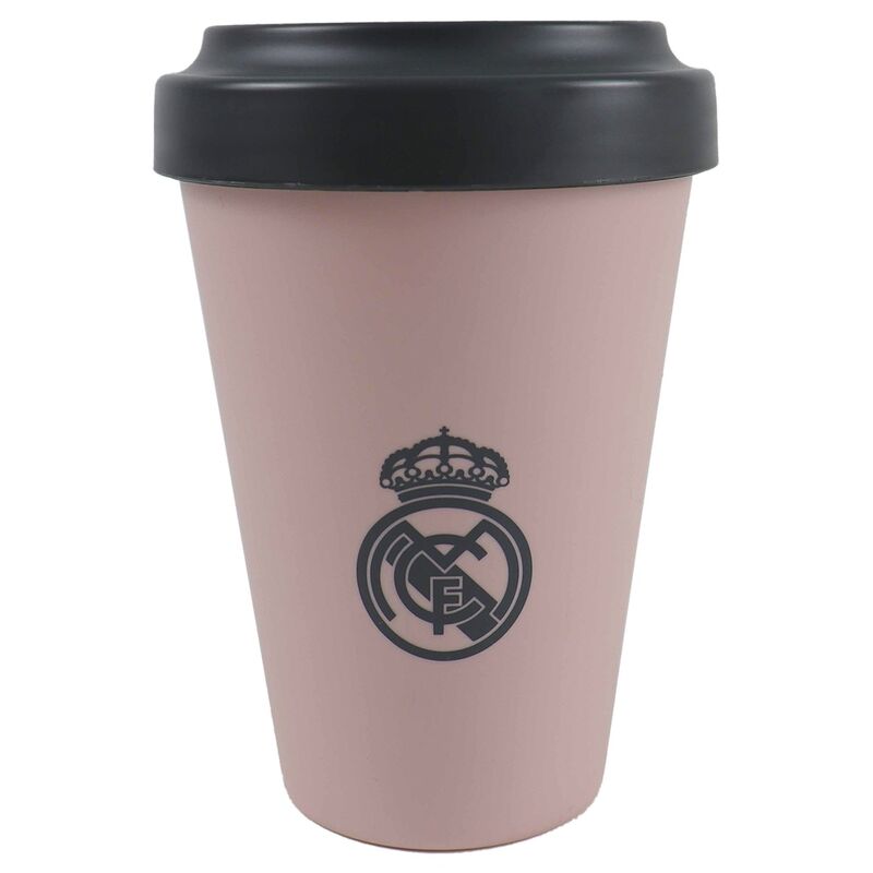 Vaso rosa para llevar del Real Madrid con tapa negra