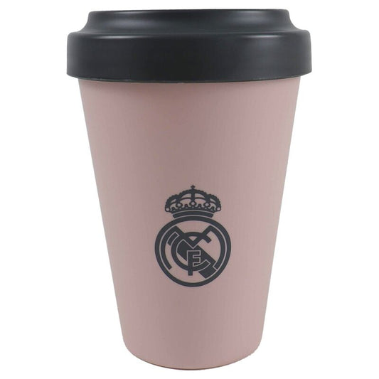 Vaso rosa para llevar del Real Madrid con tapa negra