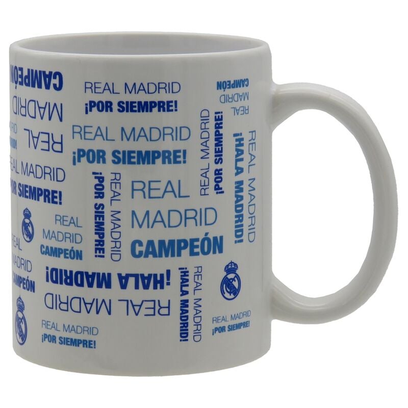 Taza blanca de cerámica del Real Madrid con decoración azul
