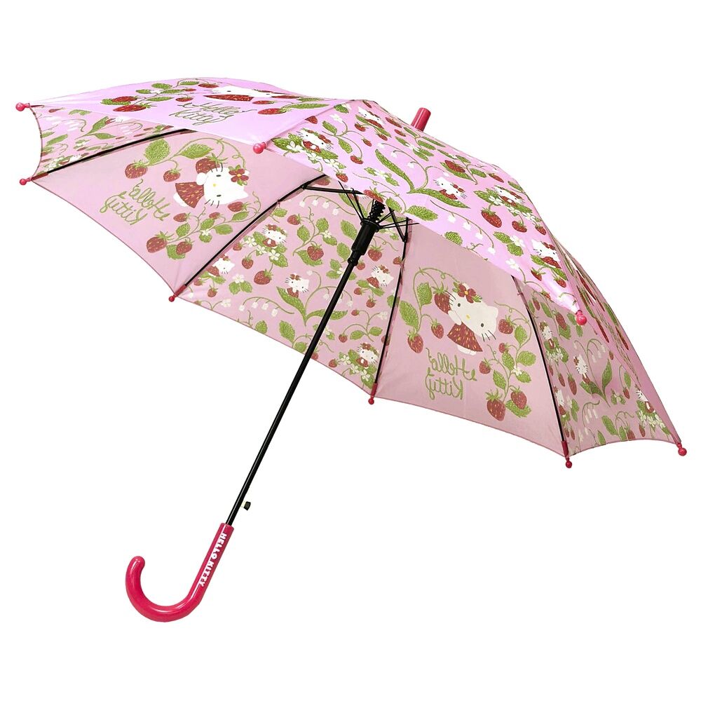 Paraguas automático rosa de Hello Kitty con estampado de fresas