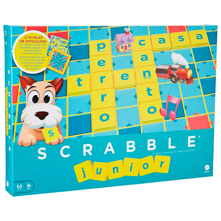 Caja de Scrabble Junior en español de Mattel con tablero de palabras y dibujos de colores