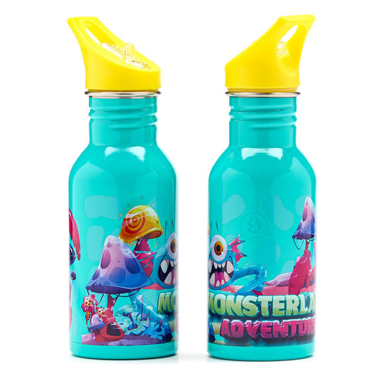 Cantimplora Monsterland turquesa de acero inoxidable con tapa amarilla