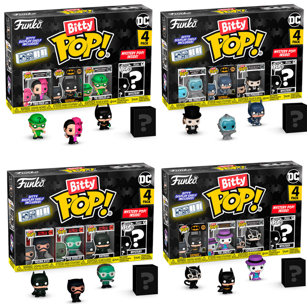 Blíster FUNKO Bitty POP! de Batman 85 aniversario con cuatro figuras y estantería expositora