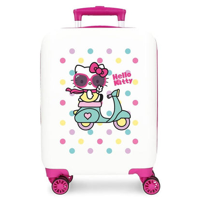 Maleta trolley ABS blanca de Hello Kitty con scooter y detalles rosas