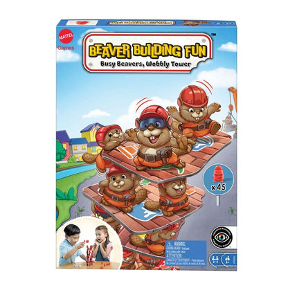 Caja del juego de mesa Mattel Castores Constructores con una torre de castores