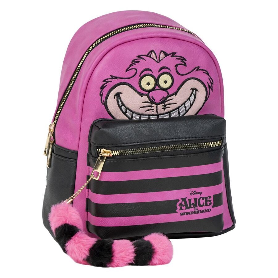 Mochila Cheshire Disney Alicia rosa y negra con bolsillo frontal